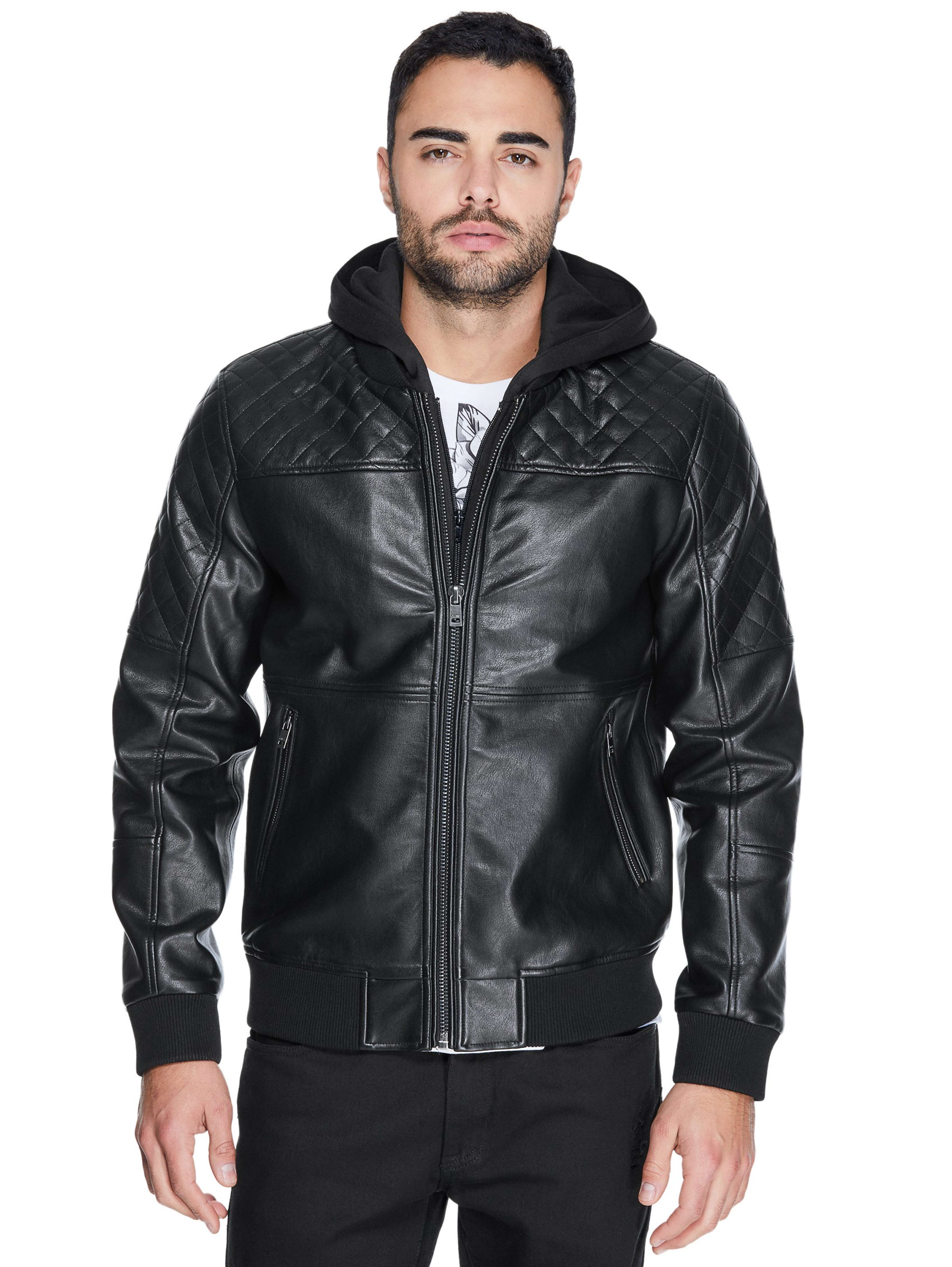 guess men's faux leather hooded moto jacket