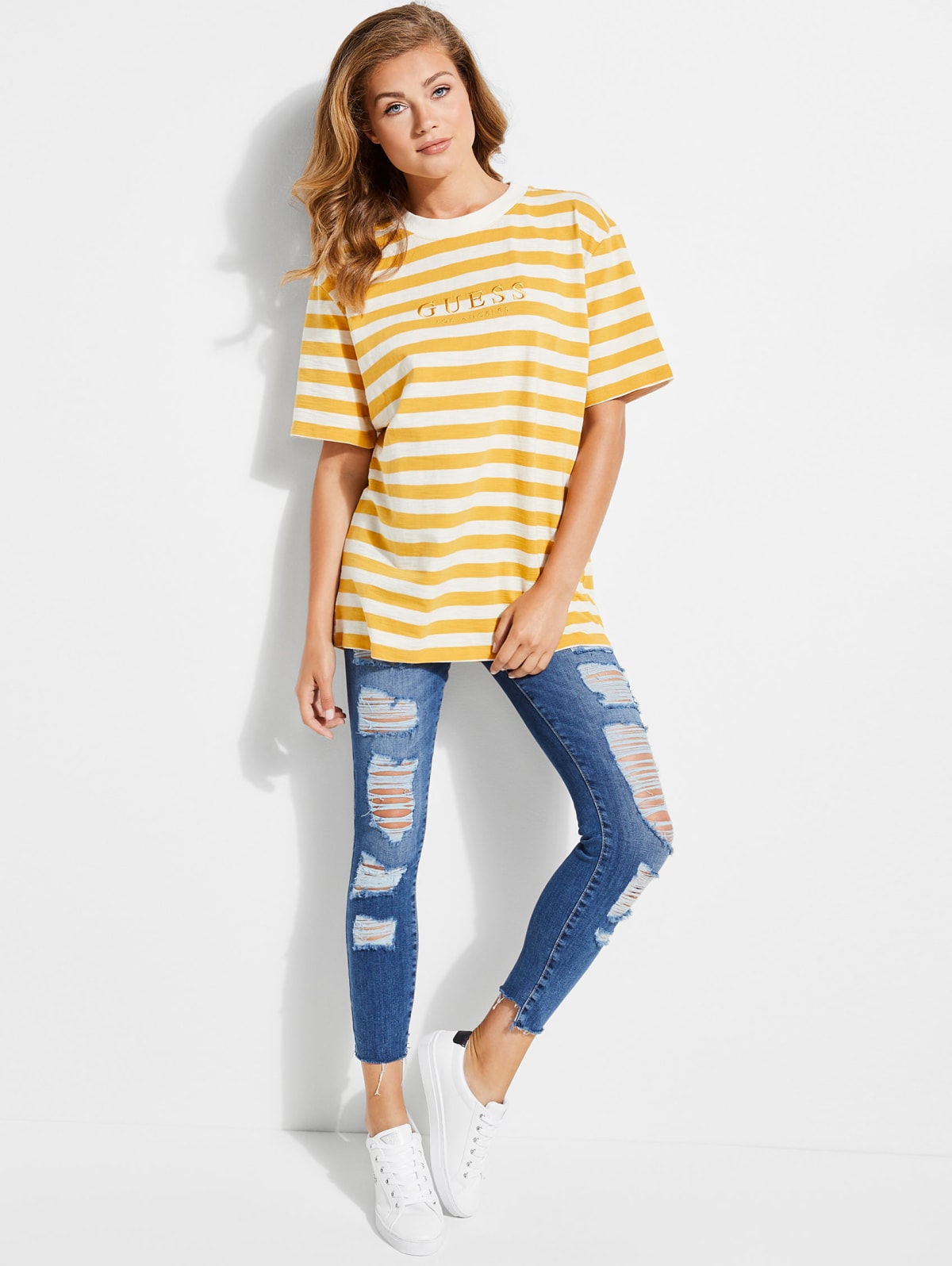 guess blue and yellow striped shirt