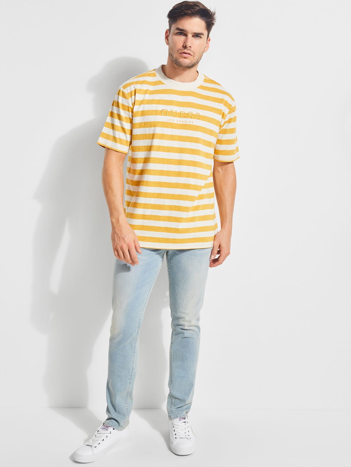 guess yellow and white striped shirt