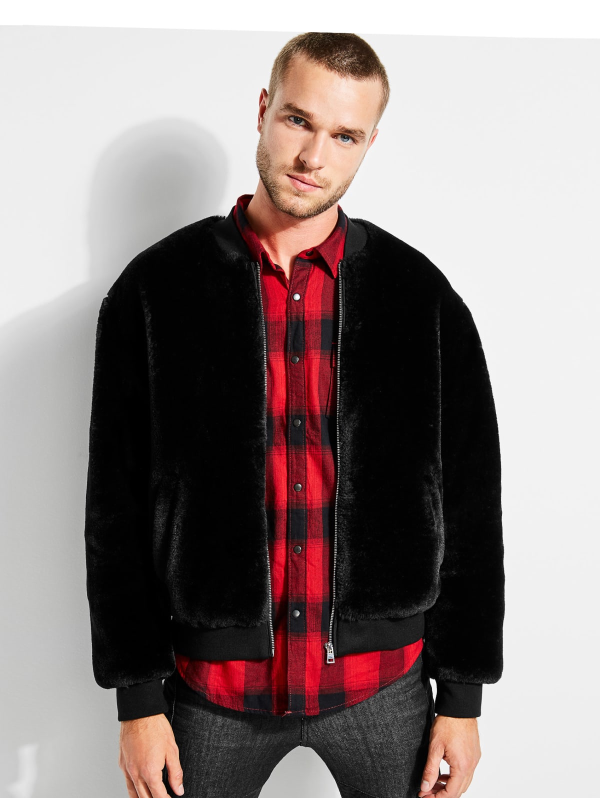 guess faux fur logo bomber jacket