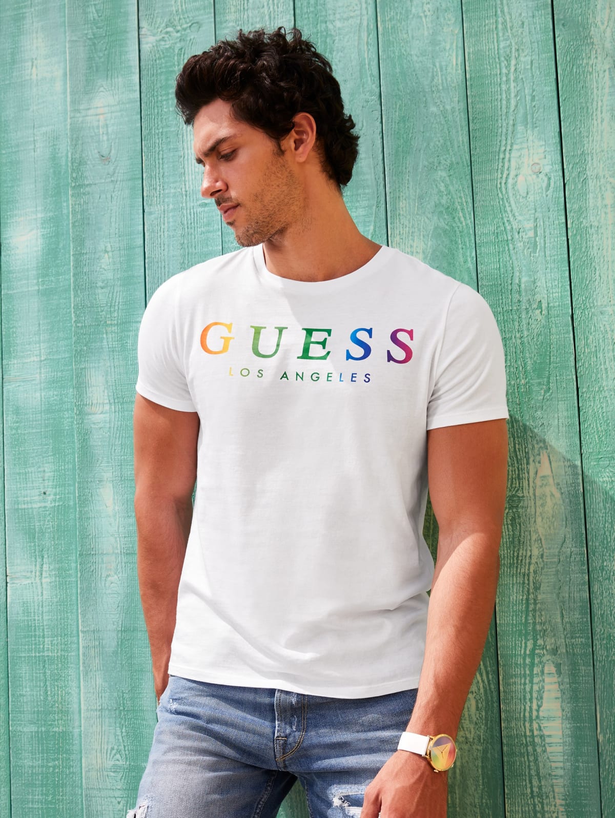rainbow guess jeans shirt