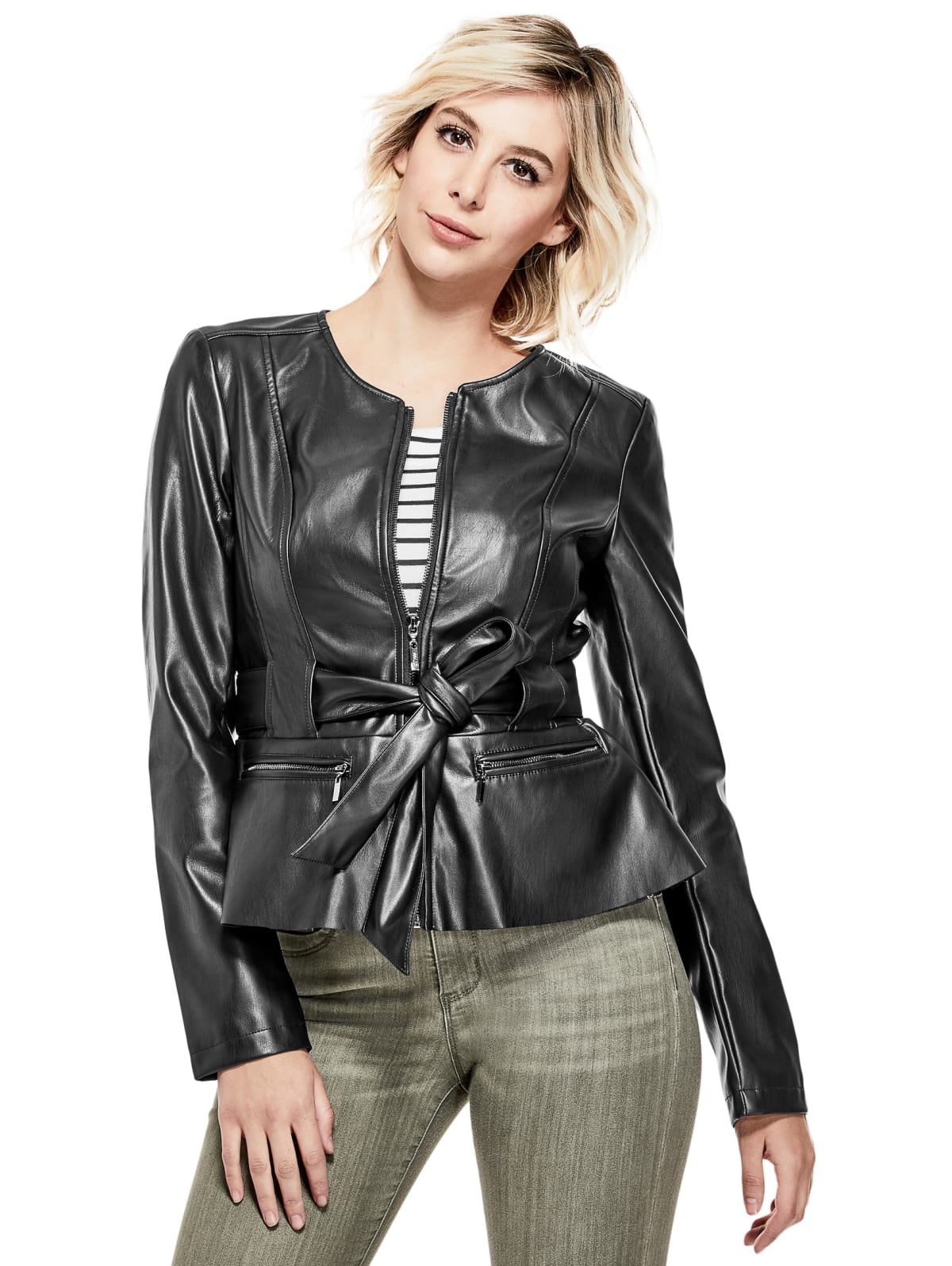 guess peplum leather jacket