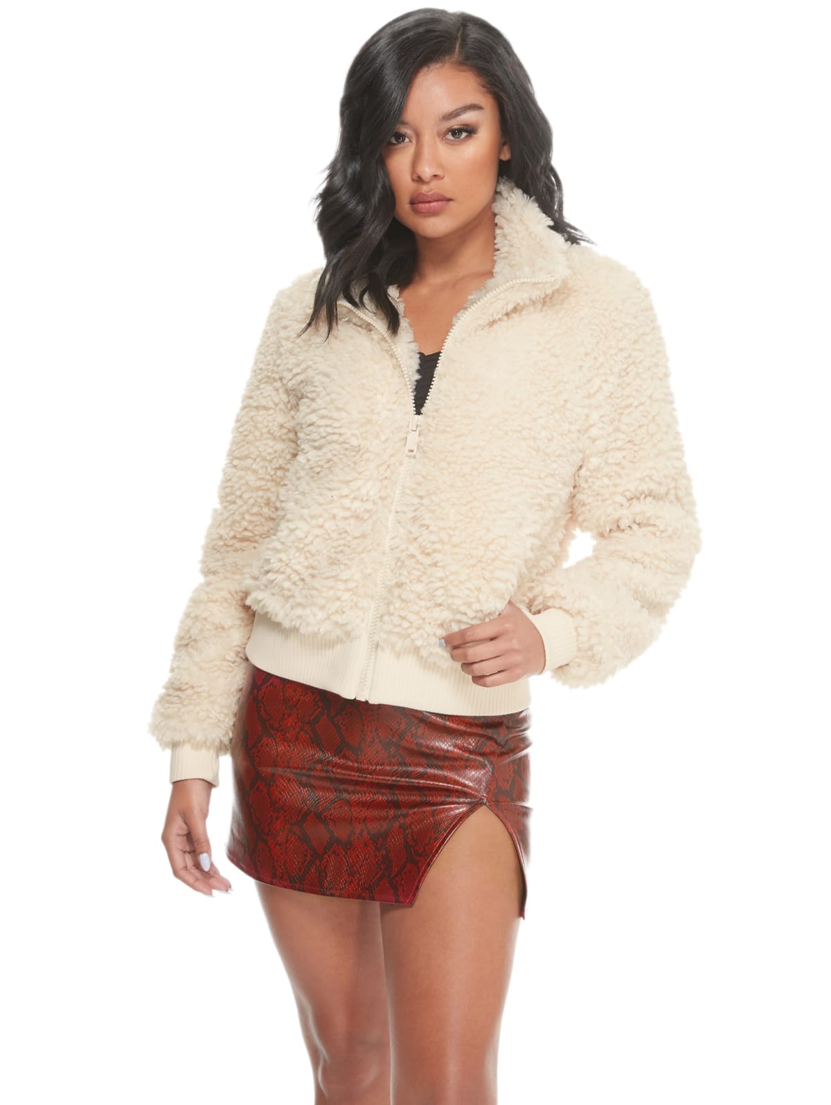 guess faux fur logo bomber