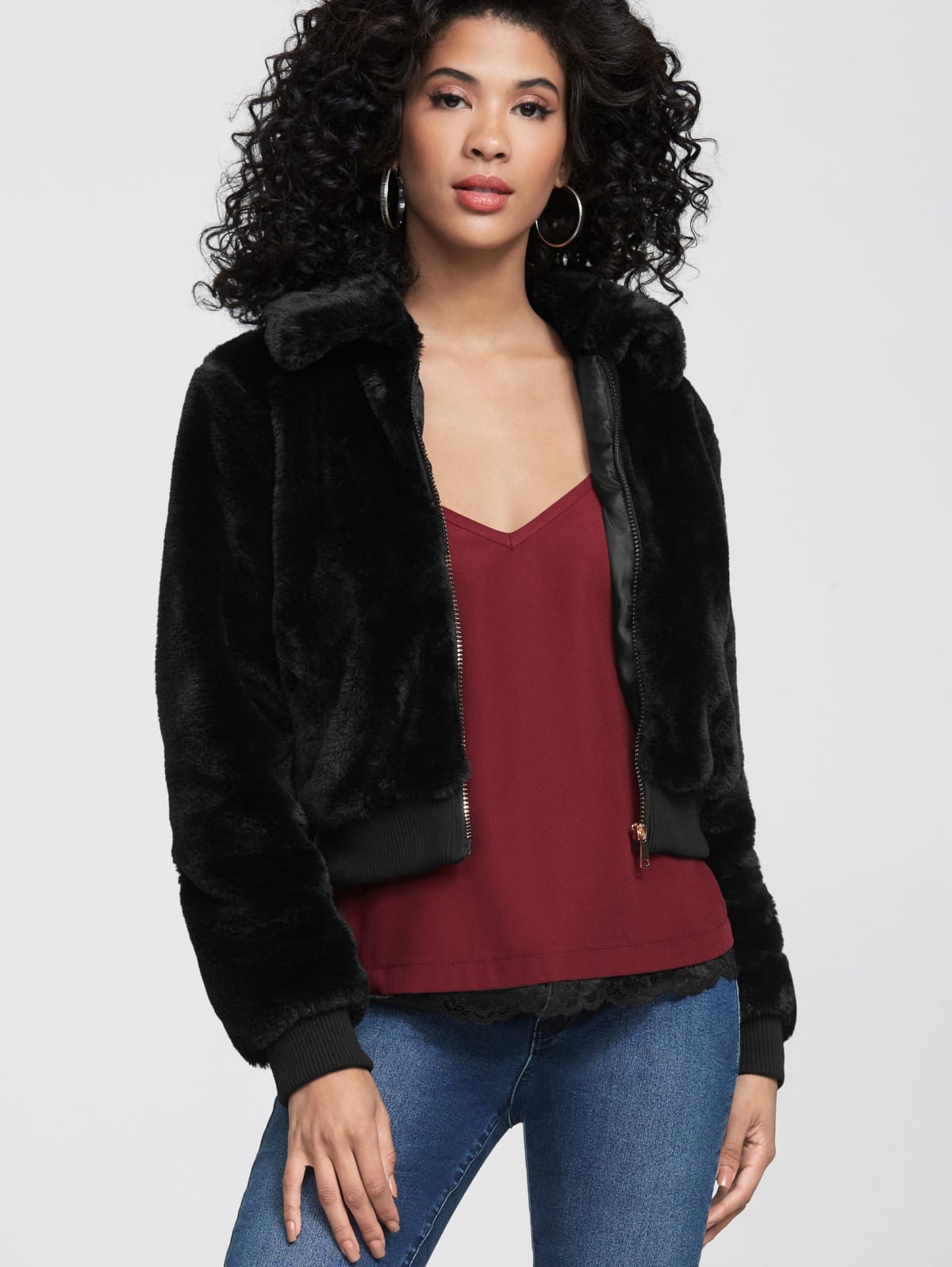 guess faux fur logo bomber