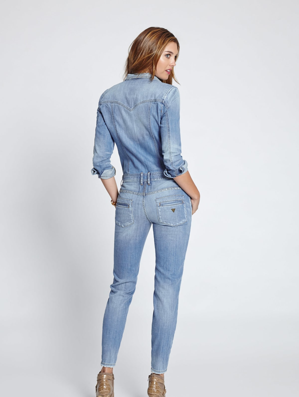 guess long sleeve denim jumpsuit