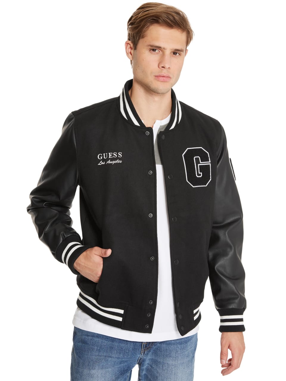 GUESS Factory Men's Kenny Logo Varsity Jacket With Removable Hood | eBay