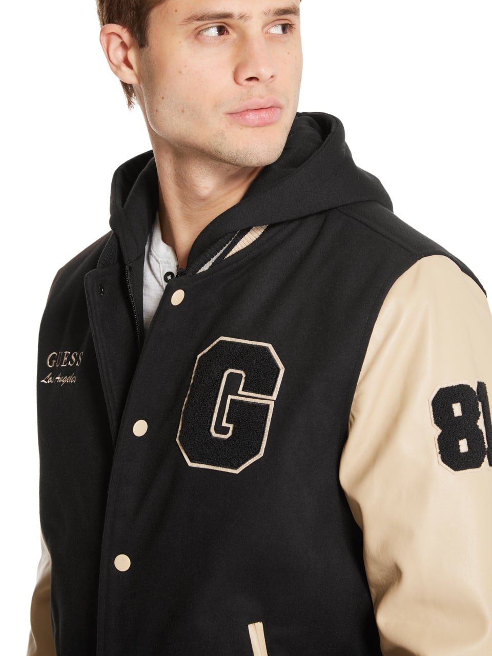 GUESS Factory Men's Kenny Logo Varsity Jacket With Removable Hood eBay