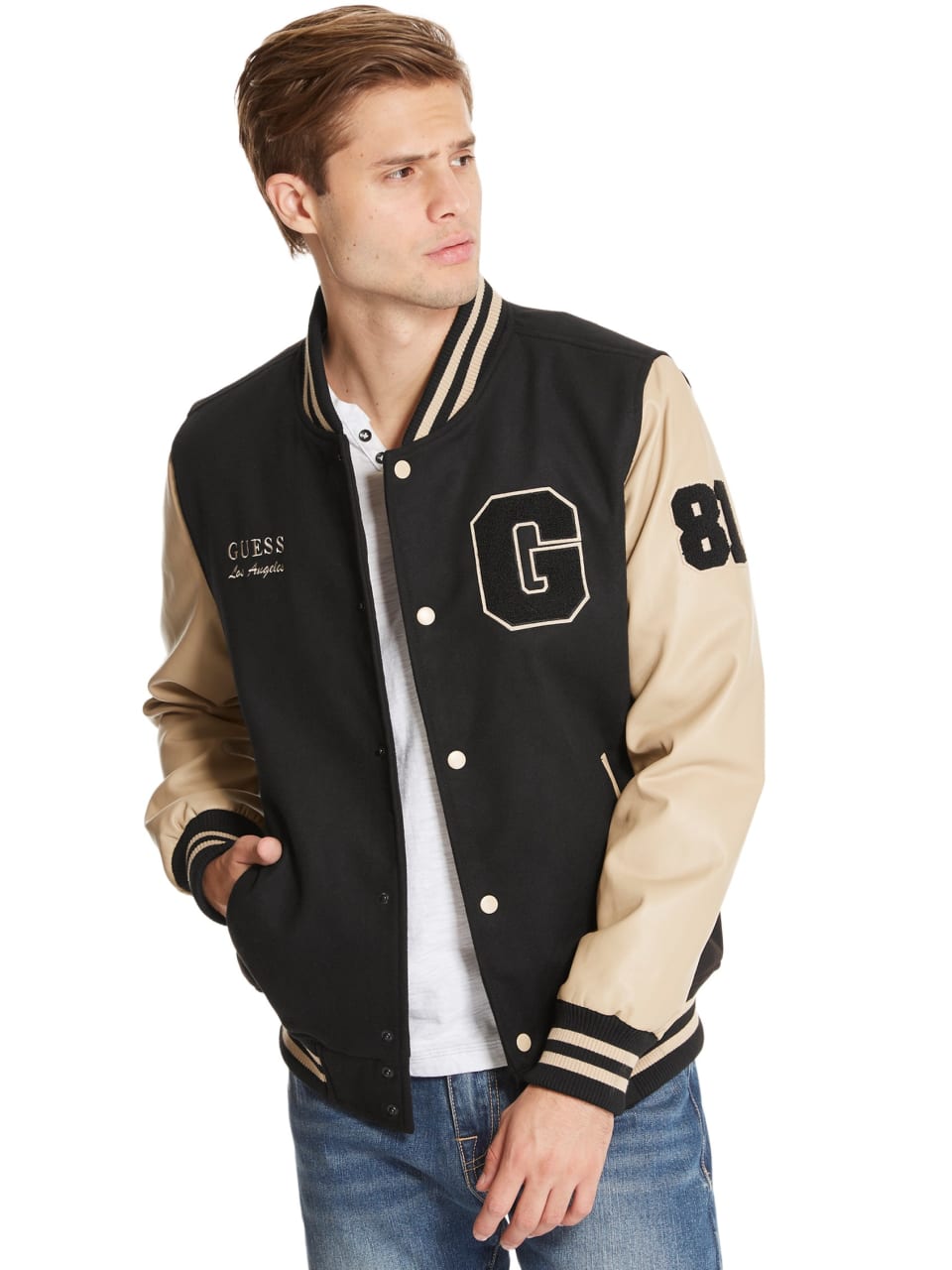 GUESS Factory Men's Kenny Logo Varsity Jacket With Removable Hood | eBay