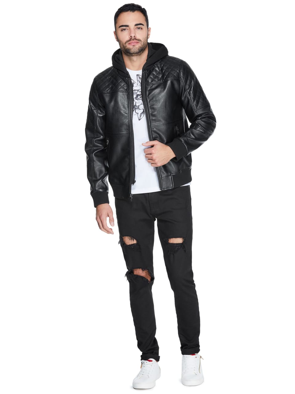 GUESS Factory Men's Timmy Faux-Leather Hooded Moto Jacket ...