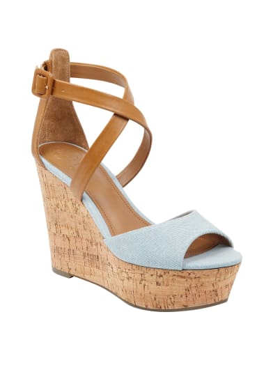 Gacinta Denim Color-Block Cork Wedges | GUESS.com