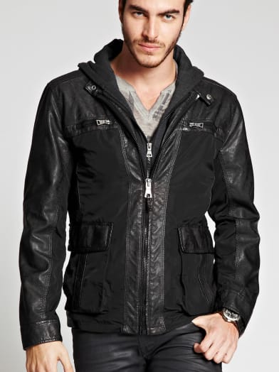 Hooded Faux-Leather Trim Jacket | GUESS.com