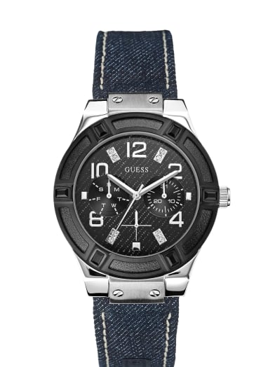 Denim, Black and Silver-Tone Standout Sparkle Watch | GUESS.com