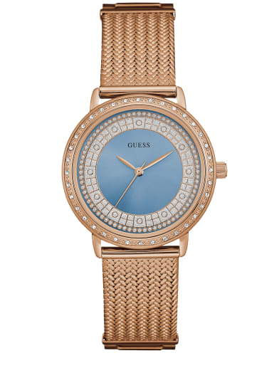 Blue and Rose Gold-Tone Mesh Watch | GUESS.com