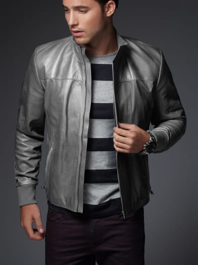 Grey Lambskin Leather Jacket | GUESS.com