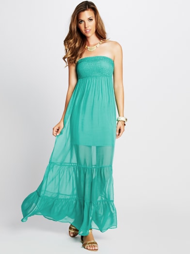 Smocked Silk Maxi Dress | GUESS.com