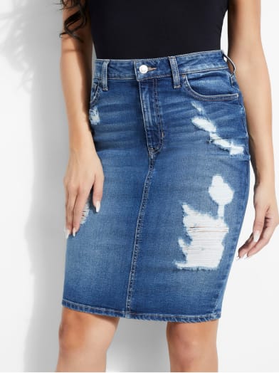 Destroyed Denim Pencil Skirt | GUESS.com