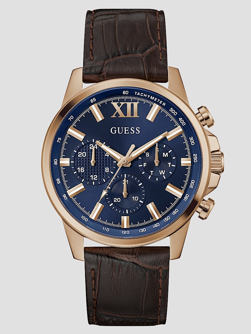 GUESS Rose Gold-Tone And Brown Leather Multifunction Watch