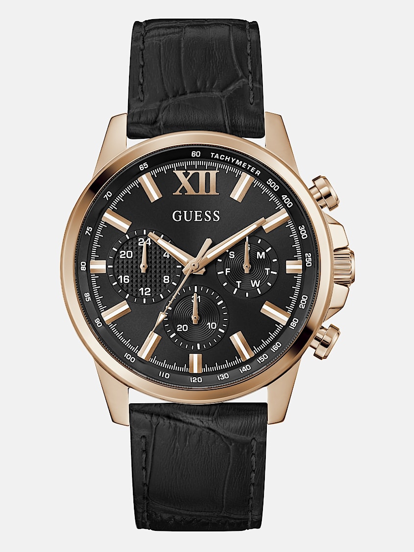GUESS Rose Gold-Tone Leather Multifunction Watch