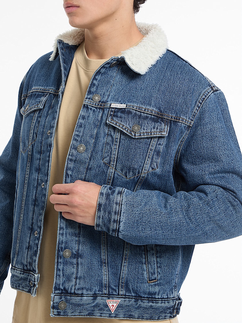 GUESS JEANS Sherpa Collar Denim Trucker Jacket