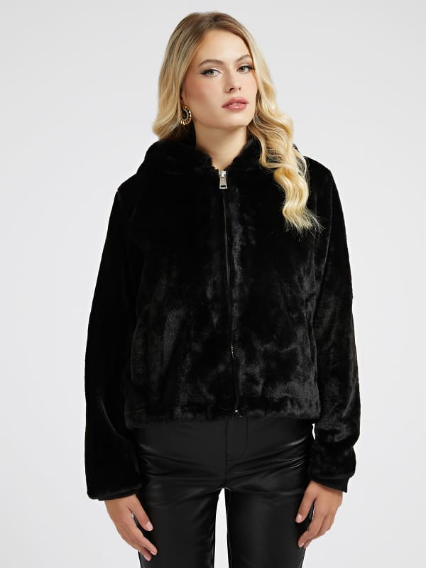 guess back logo faux fur jacket