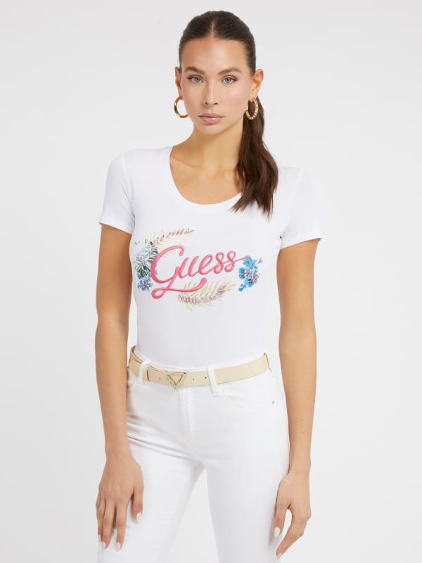 Guess W T-Shirt Z Haftowanym Logo Biały, Rozmiar Xs