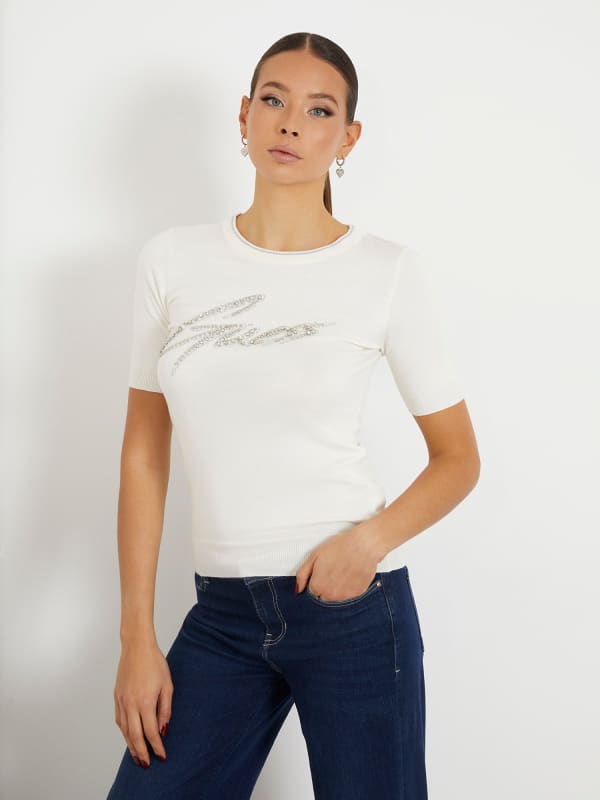 Haut En Maille Logo Frontal Strass