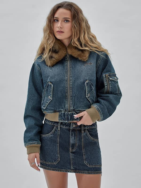 GUESS Denim Bomberjack Met Kunstbont