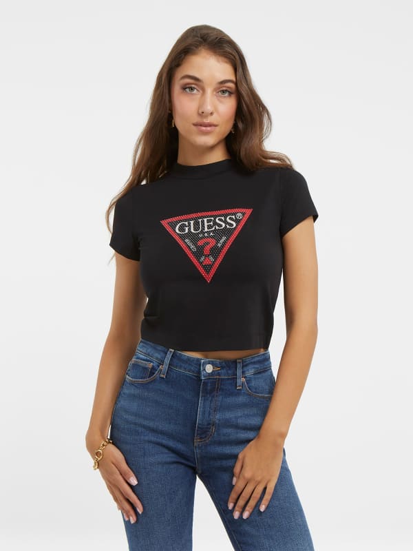 GUESS T-Shirt Stretch Logo Triangolo Con Strass