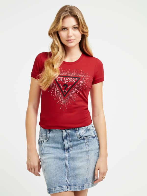 Guess Rhinestones Triangle Logo Stretch T-Shirt