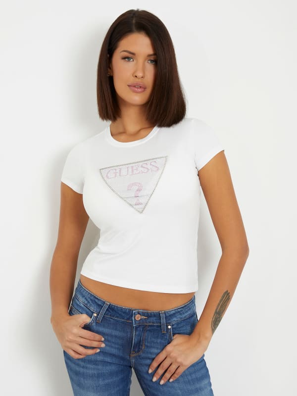 Guess Rhinestones Triangle Logo Stretch T-Shirt