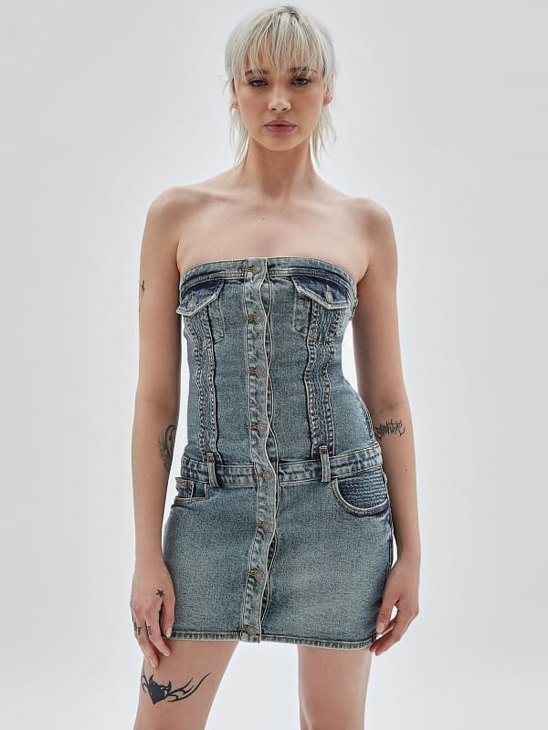 GUESS Robe En Jean Sans Bretelle