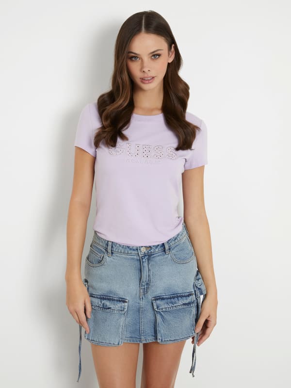 GUESS T-Shirt Stretch Logo Frontal Broderie Anglaise