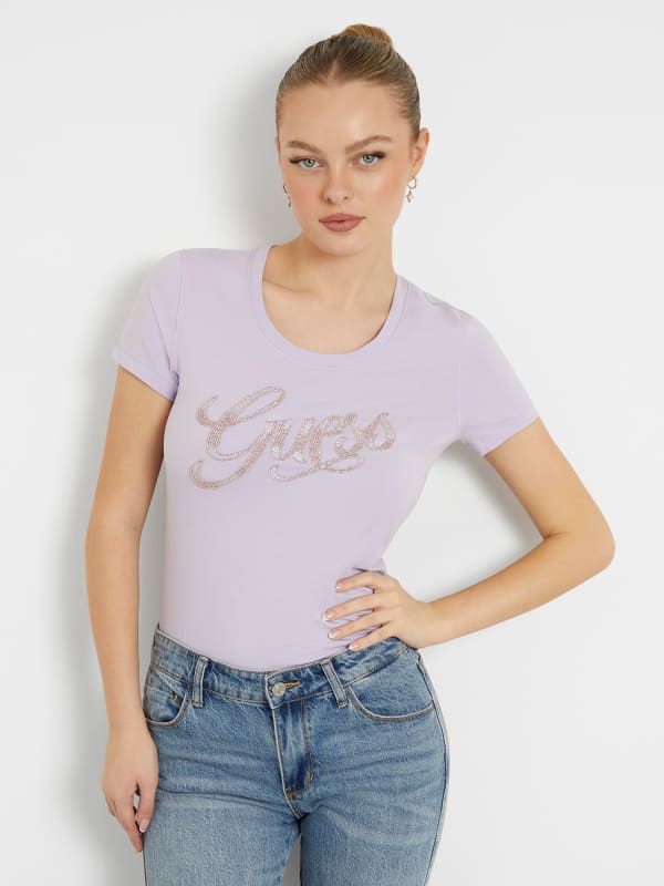 GUESS T-Shirt Logo Frontale Con Strass