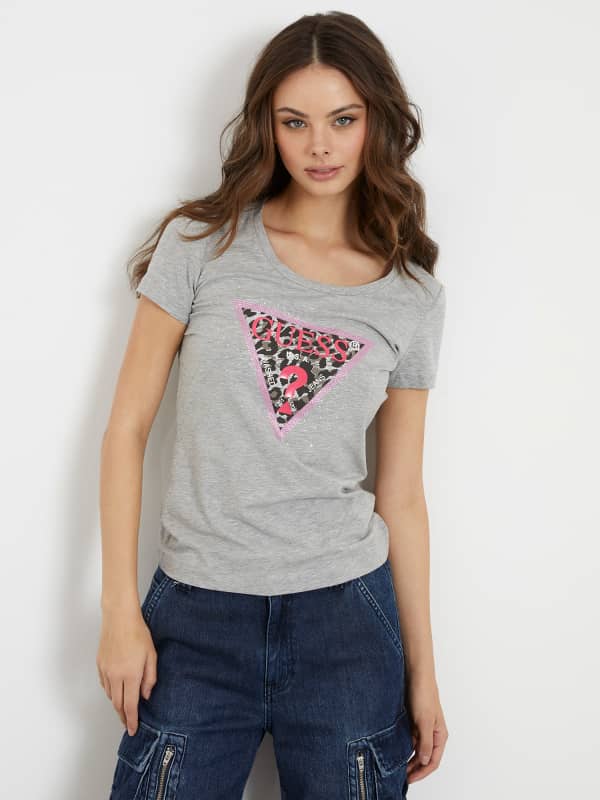 GUESS T-Shirt Stretch Logo Triangolo Con Strass