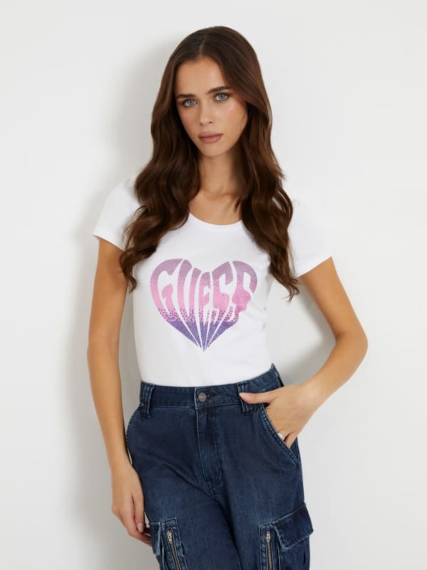 GUESS T-Shirt Stretch Logo Frontale Con Strass