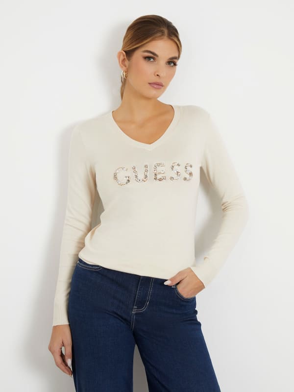 GUESS Pull Logo Strass Sur Le Devant.