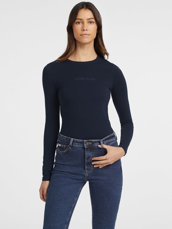 GUESS T-Shirt Slim Manches Longues Brodé