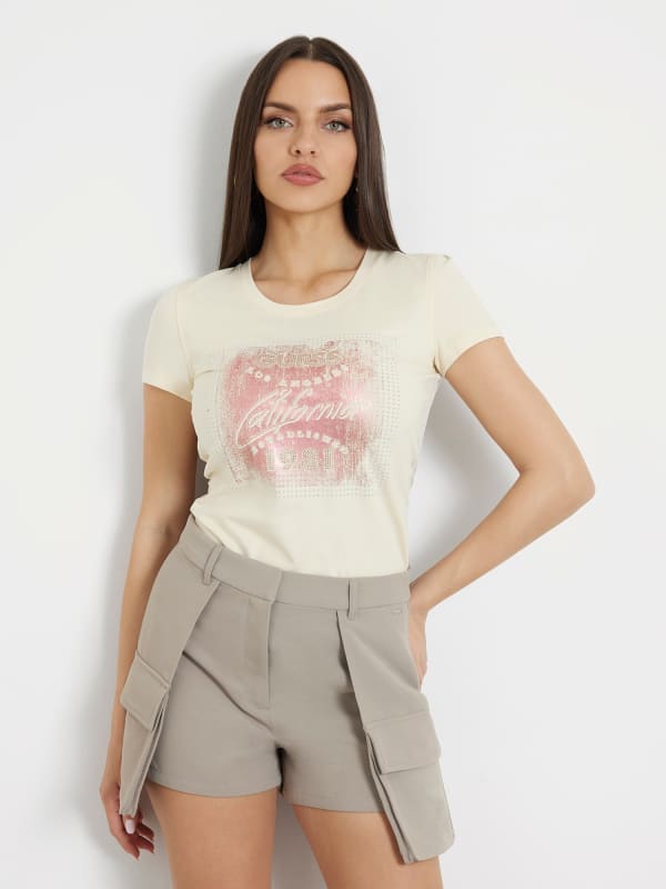 GUESS T-Shirt Stretch Logo Frontal Strass