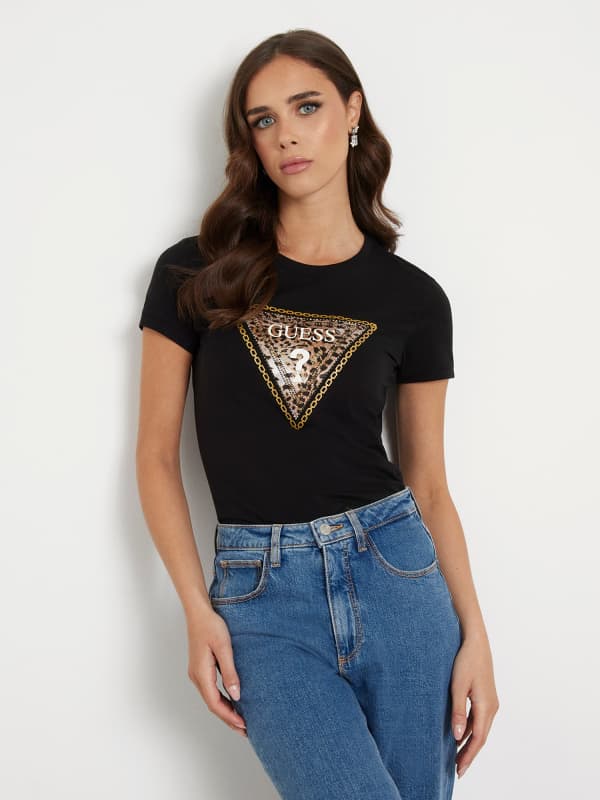 GUESS T-Shirt Stretch Logo Triangulaire Strass