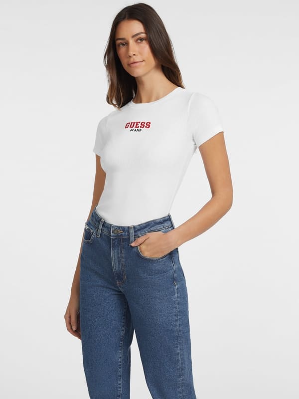 GUESS T-Shirt Slim Maille Côtelée Brodé