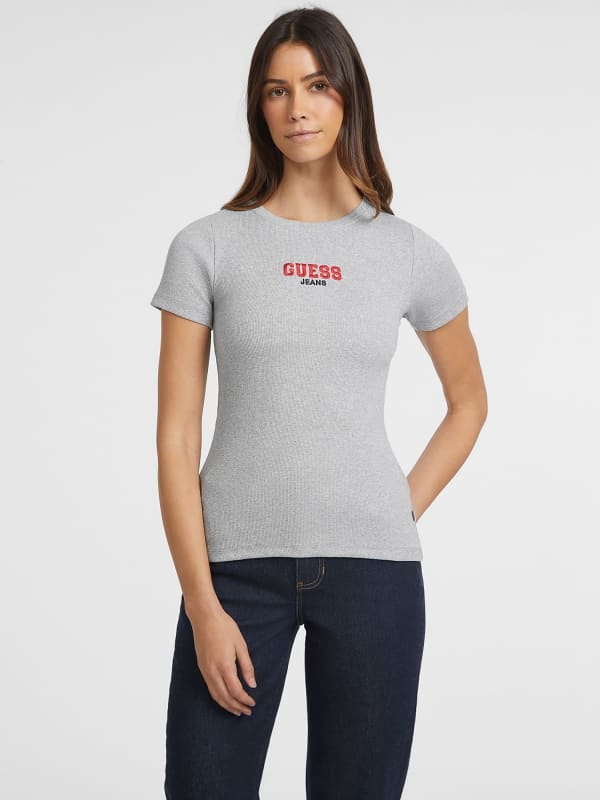 GUESS Slim Rib-Knit Embroidered Tee