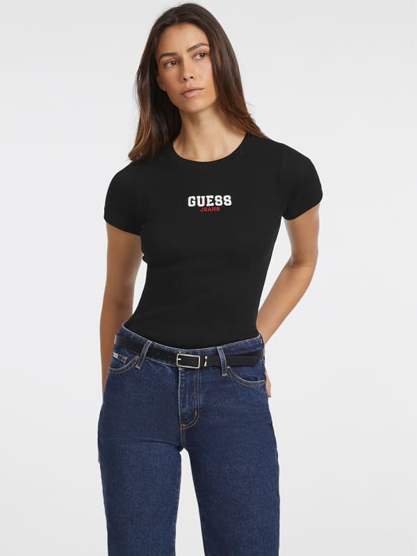 GUESS T-Shirt Slim Maille Côtelée Brodé