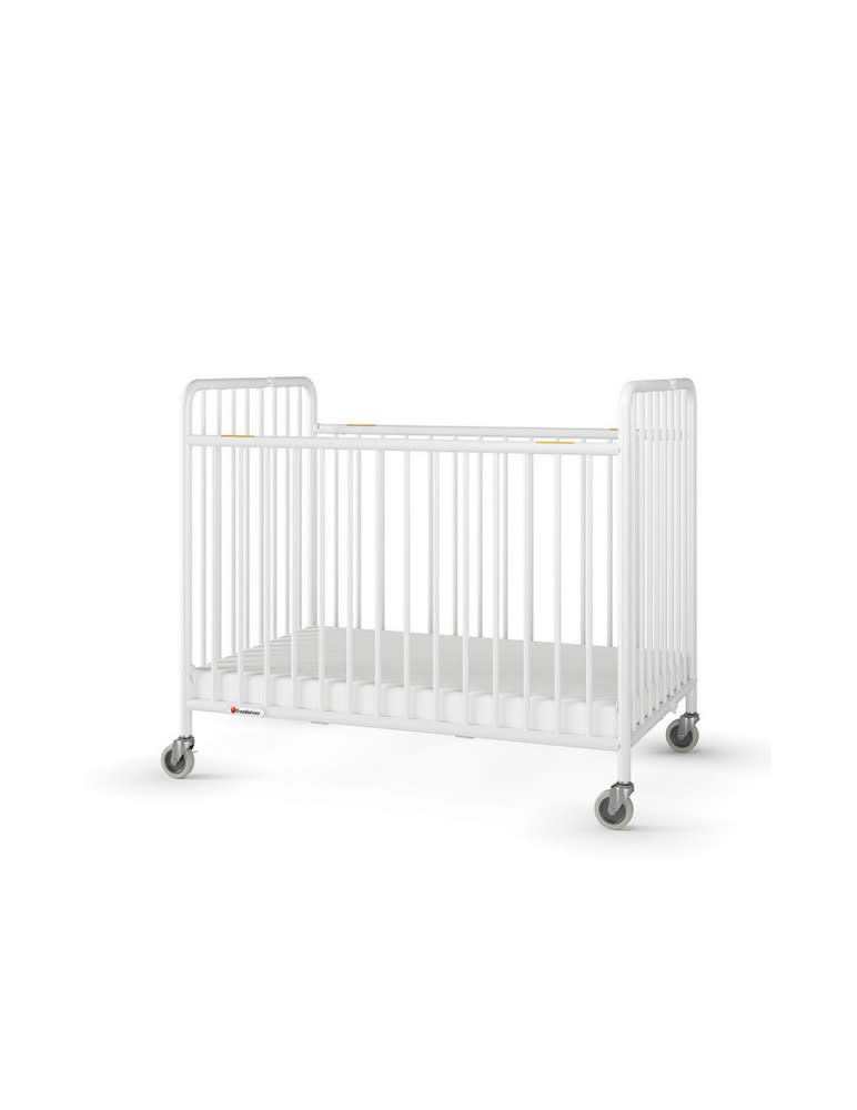 Child Craft Siesta Metal Crib - Non-Folding Portable With 2" Mattress & Wheels, White