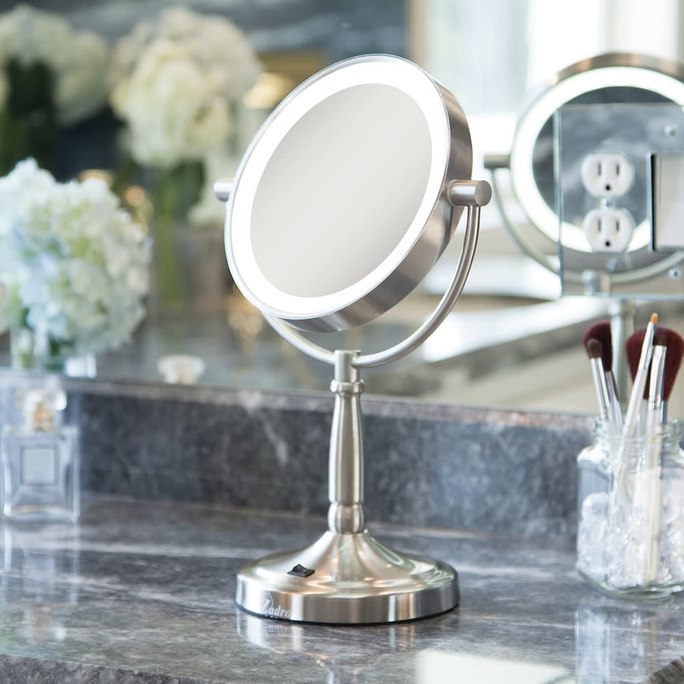 GuestSupply US | Cordless Two-Sided, LED Vanity Mirror, 1x/10x  Magnification, Satin Nickel Finish, image size:999x999