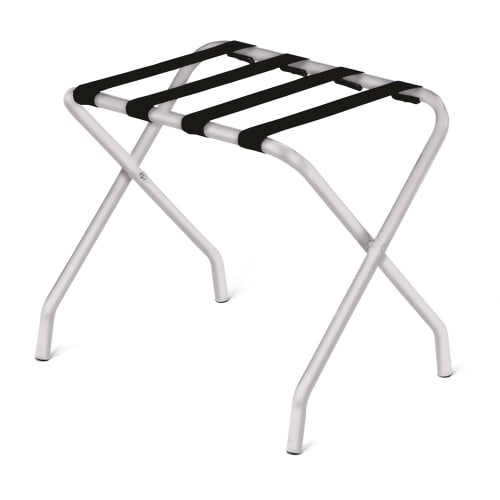 GuestSupply US | Steel Flat Top Luggage Rack, Silver with Black Straps