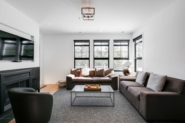 Living room with wood fireplace