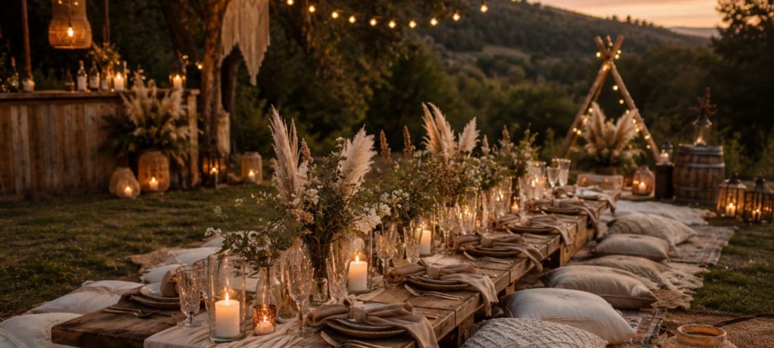 Outdoor candlelit retreat dinner table at sunset