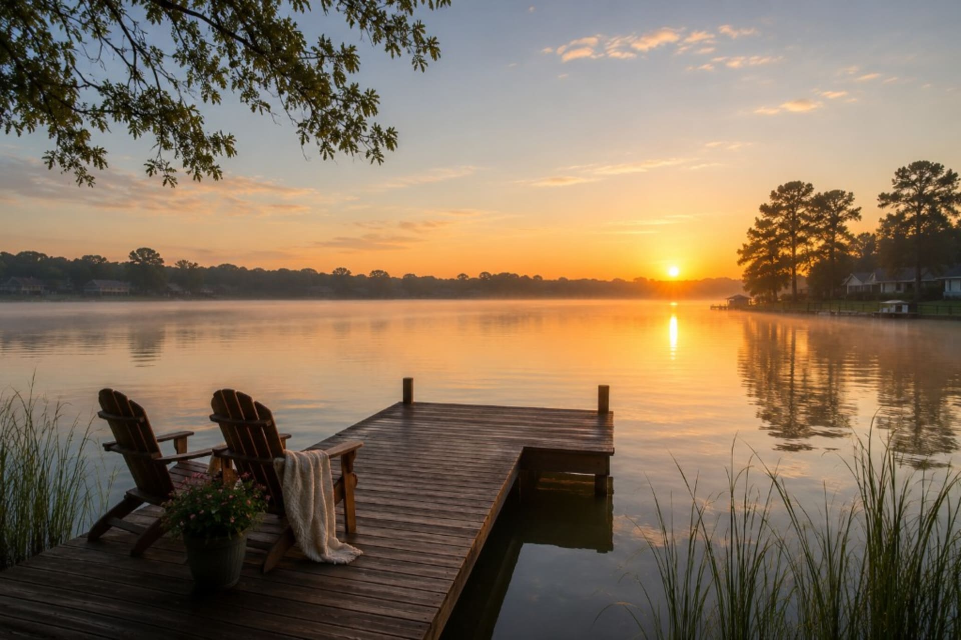 Two Adirondack chairs on a wooden dock overlooking a calm lake at sunrise
