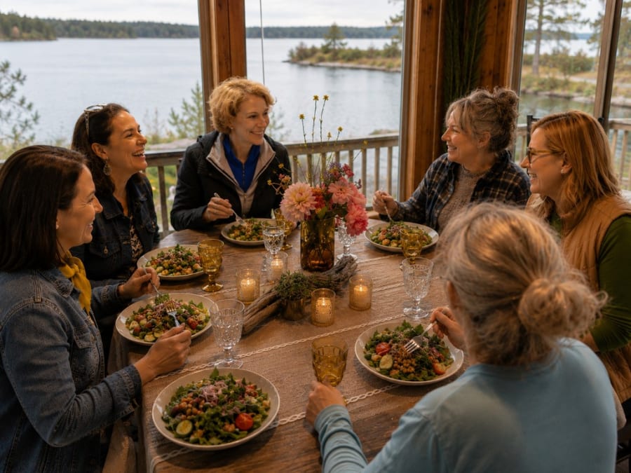 Women sharing a meal around a wooden table with a lake and forest view