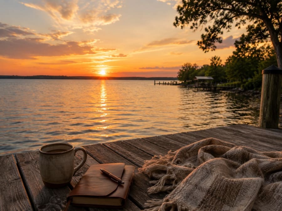 Coffee mug, leather journal, and blanket on a wooden dock at sunset